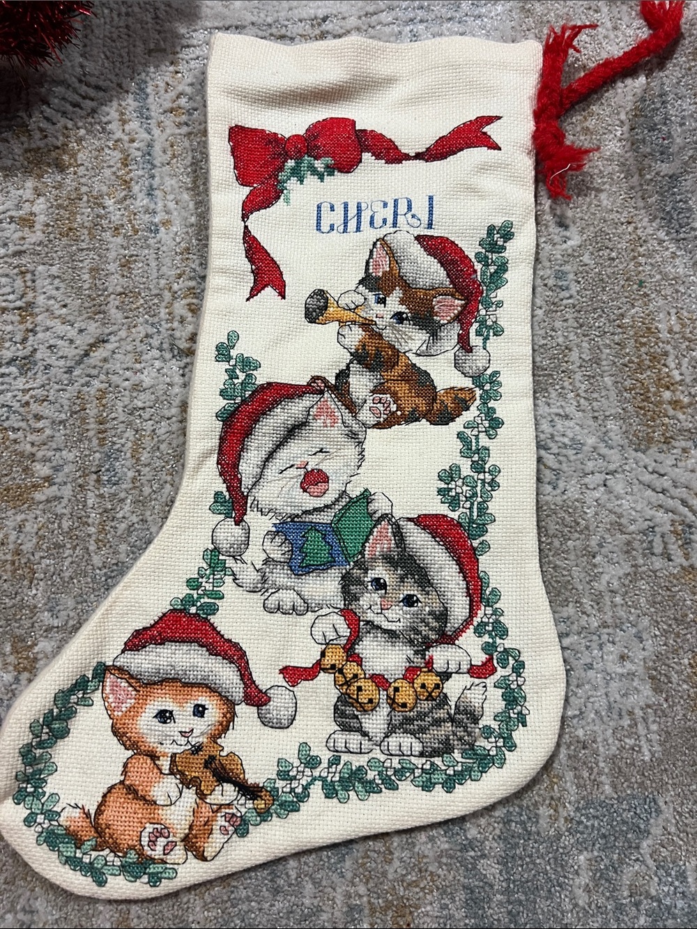 Vintage Holiday Cat Christmas Stocking - handmade
